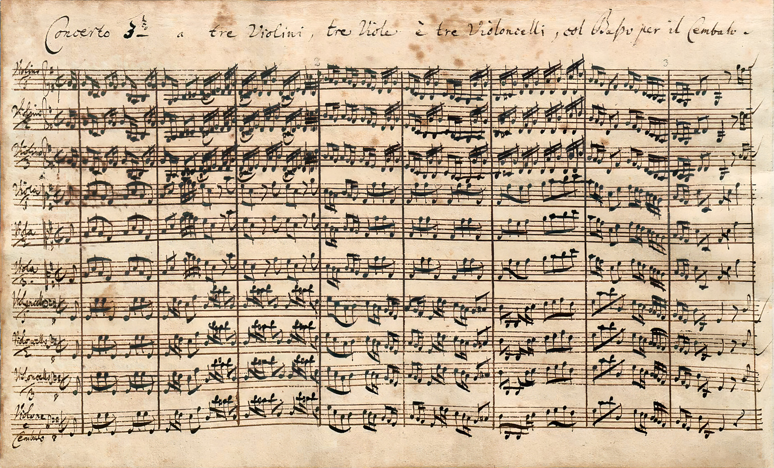 Brandenburg Concerto No. 3 in G Major BWV 1048 (1721) | Autograph manuscript, page 1 | Bach-Archive Leipzig