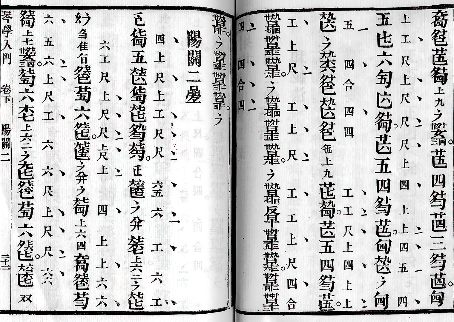 Gongche notation (1864) | Large characters are guqin tablature, smaller characters are Gongche (pitches), and dashes are rhythmic accents. | Wikimedia Commons