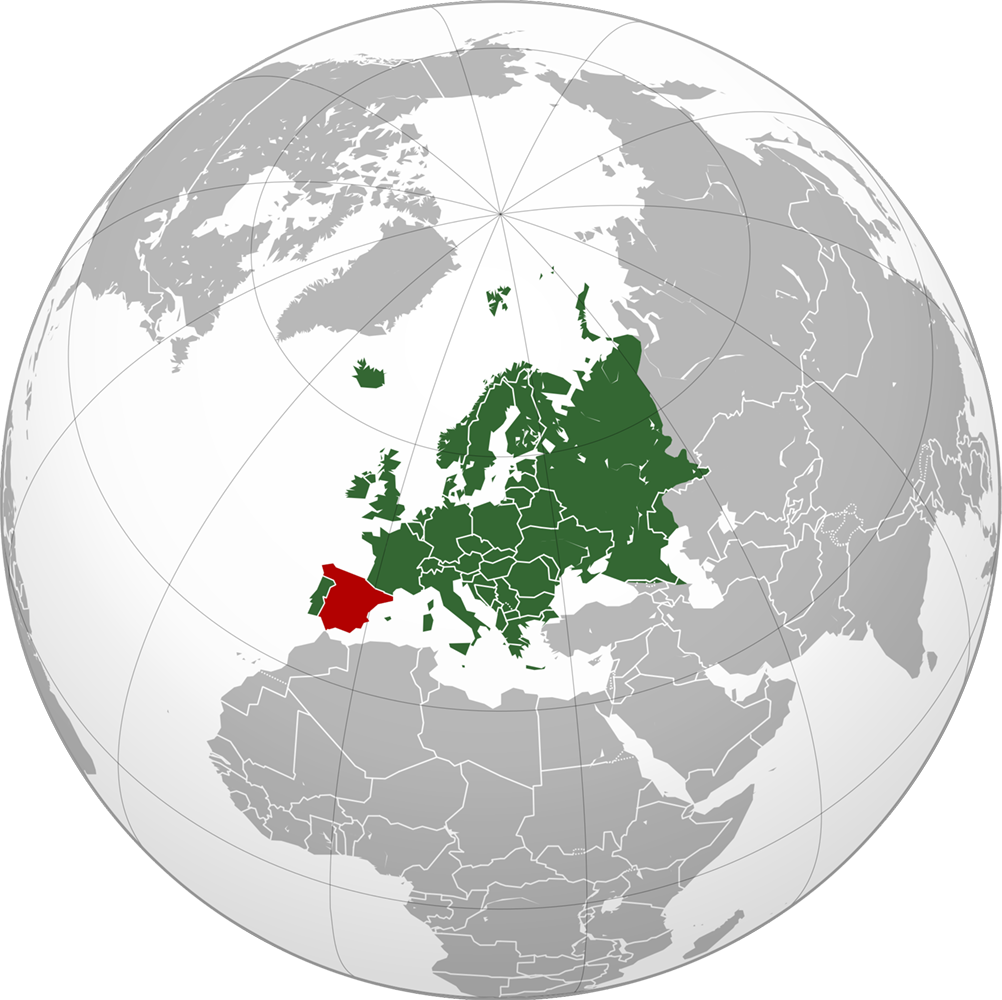 Spain | Spain (red) is located in Europe (green) but only 13 km (8.1 miles) from North Africa | Wikimedia Commons