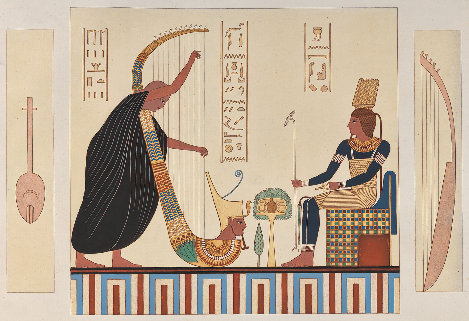 Egypian Harp | 9-string harp mural from the tomb of Rameses III, 1150 BCE | New York Public Library Digital Collection